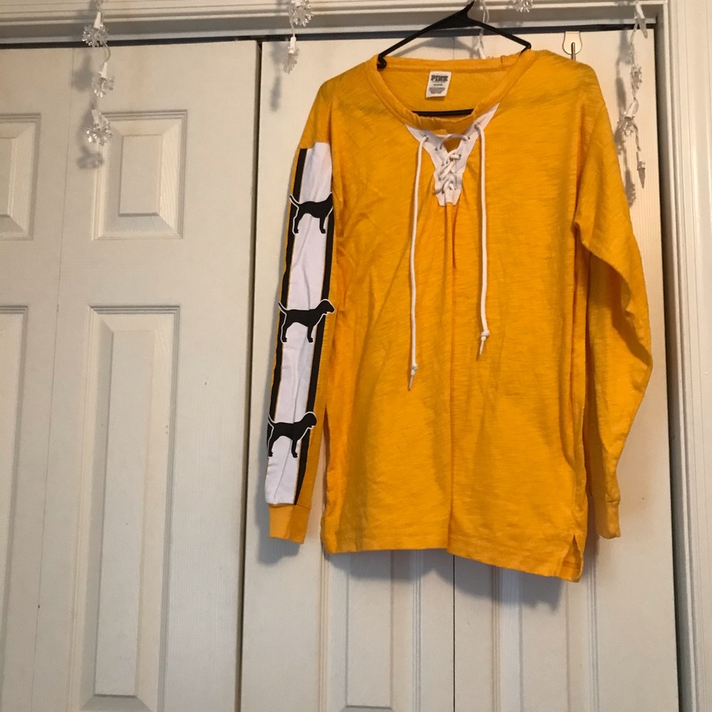 VS Pink Yellow Crossed Neck Long Sleeve Shirt